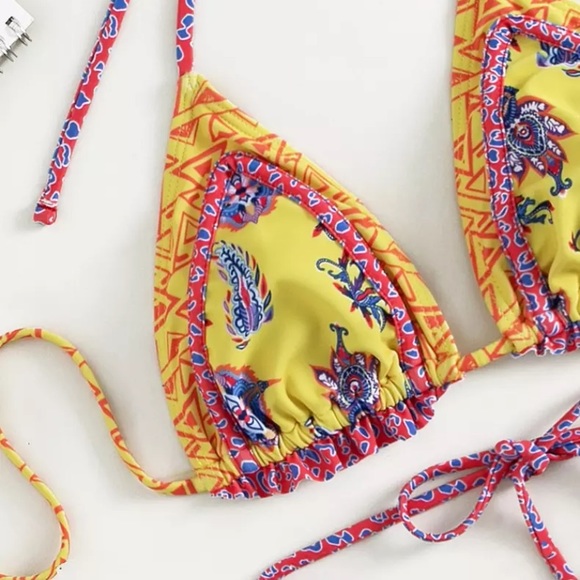 Yellow Bohemian Paisley Colorful Abstract Triangle Two Piece Bikini Swimsuit - Picture 5 of 5